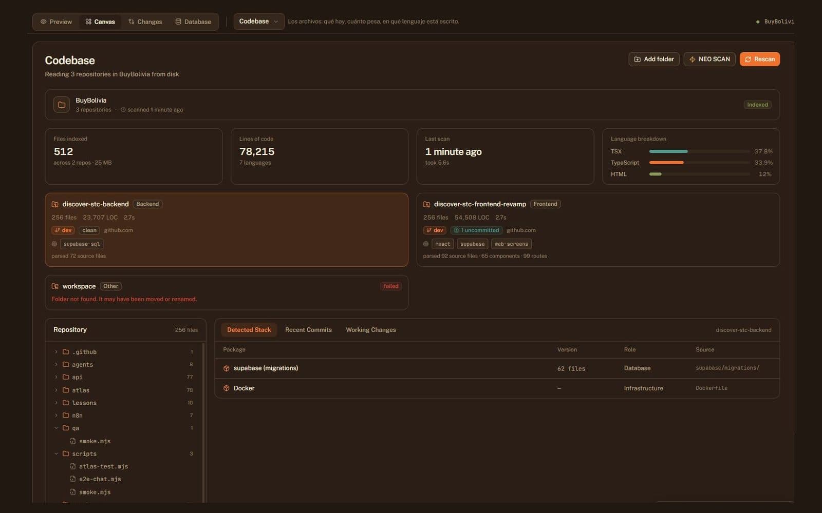 Der Atlas-Codebase-Screen mit indizierten Dateien, Codezeilen, Sprachverteilung und Details je Repository.