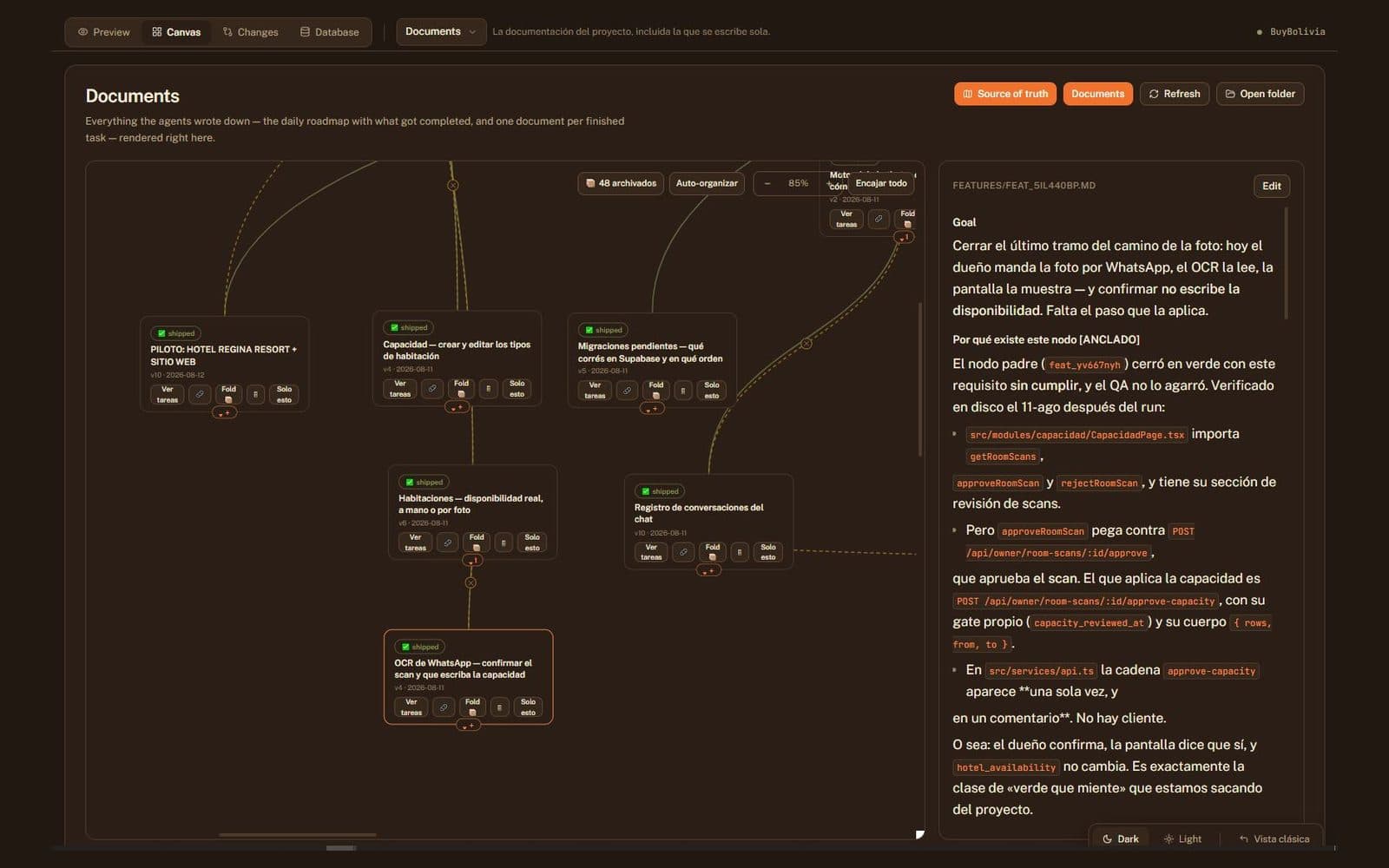Der Atlas-Dokumente-Screen: Projektdokumentation als verknüpfter Graph neben einem gerenderten Dokument.