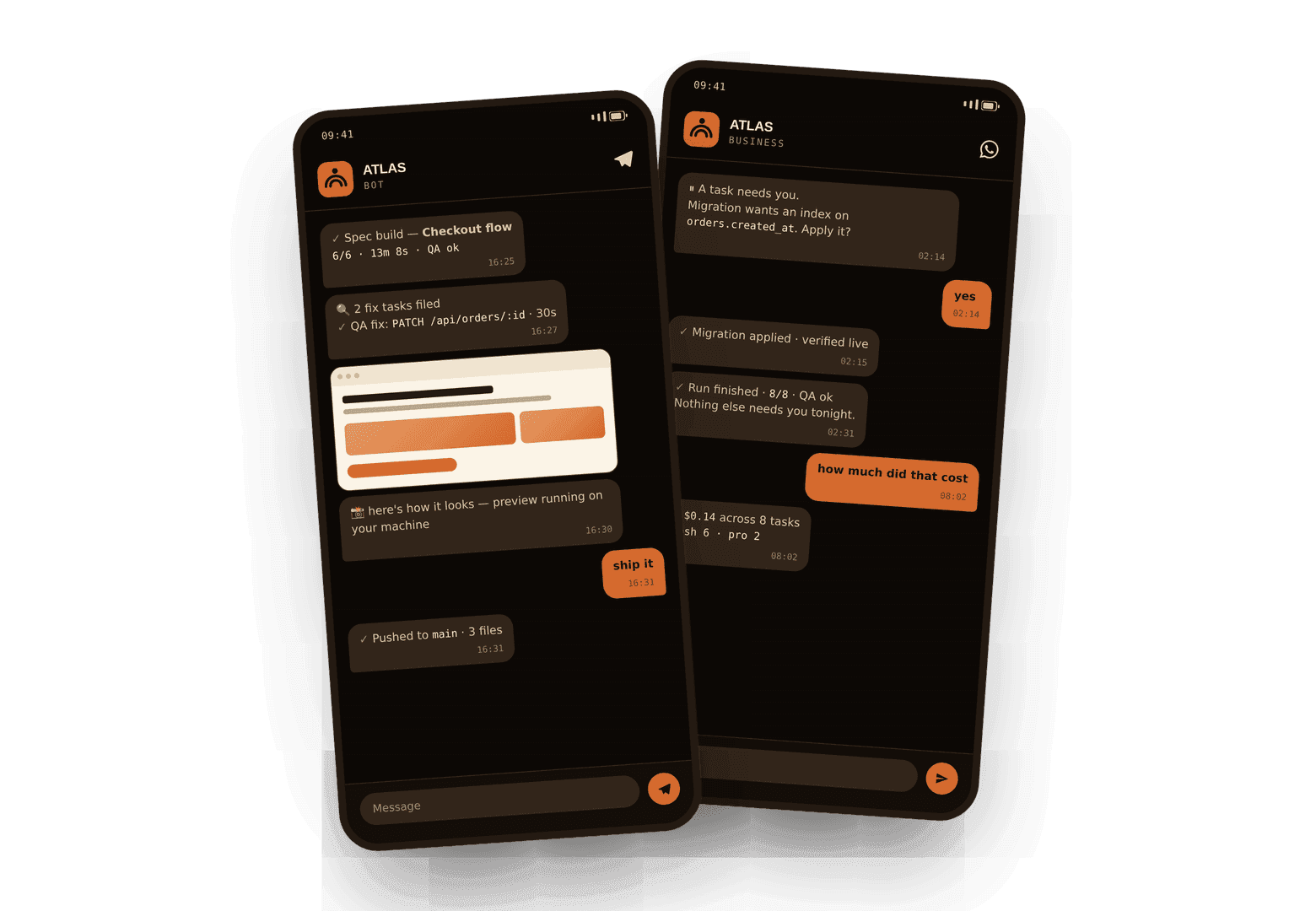 Two phones side by side: Telegram showing a finished build and a preview, WhatsApp showing a task that needs a decision at 2am.