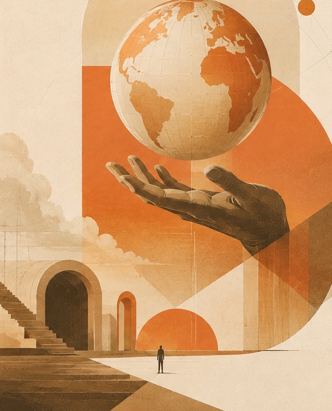 A figure walking towards a monumental arch, beneath a hand holding the globe.