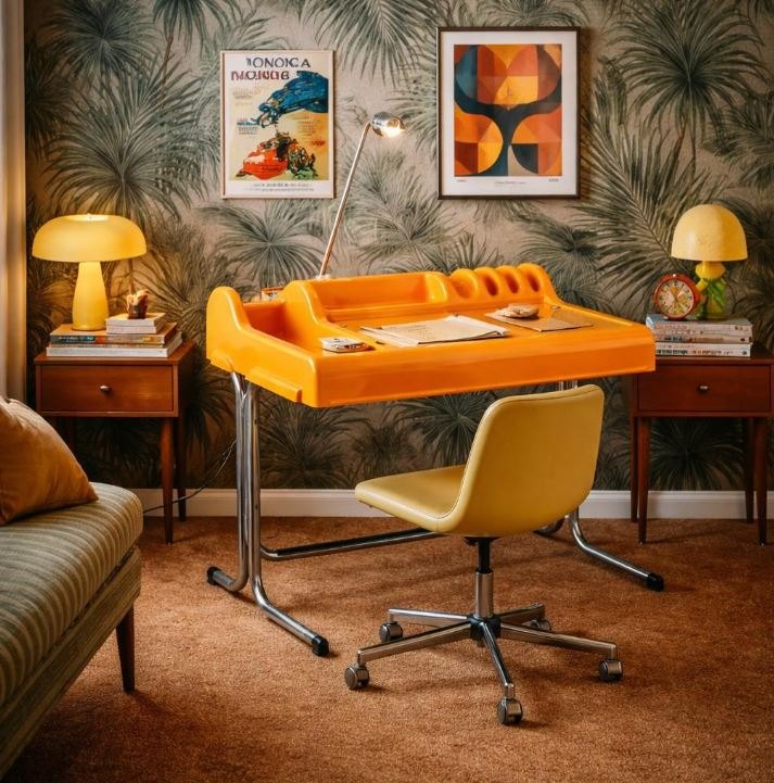 An orange moulded desk with a chrome frame.
