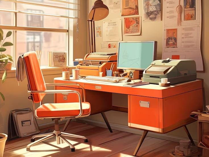 A sunlit desk with a terminal and a printer.
