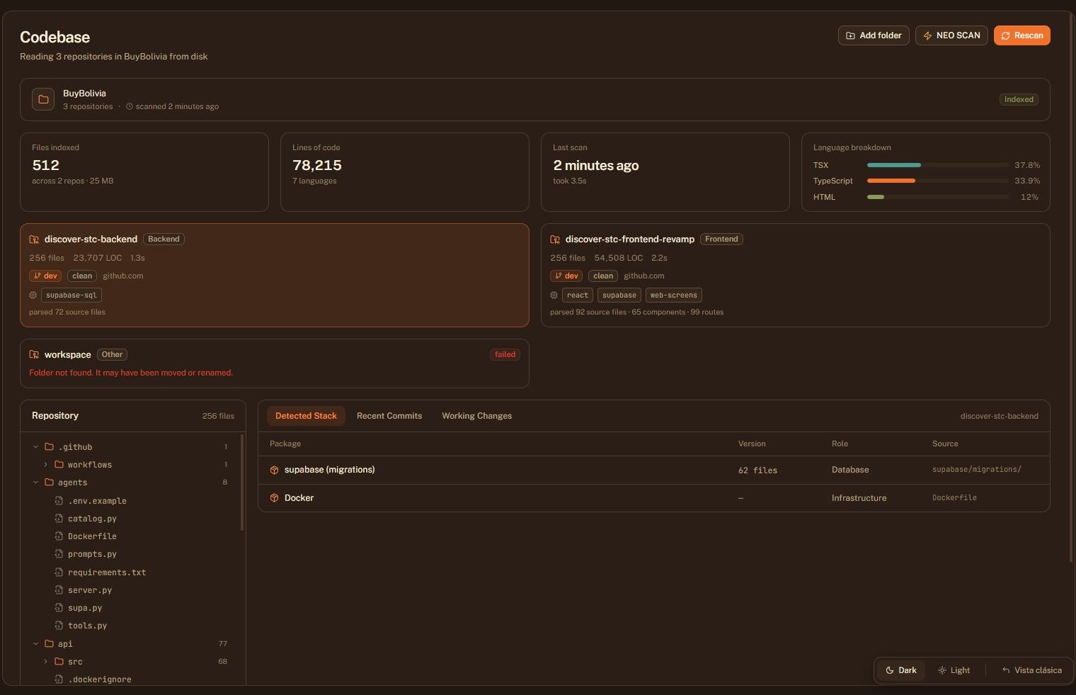 Codebase — 512 files across three repositories, indexed with their languages and detected stack.